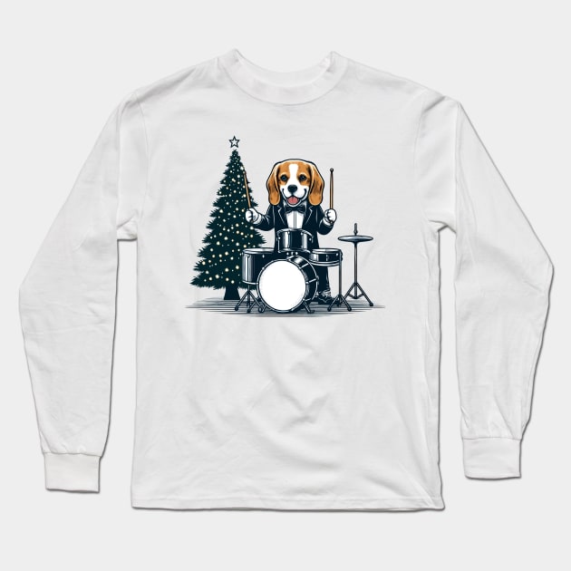 Beagle Playing Drums Christmas Long Sleeve T-Shirt by Graceful Designs